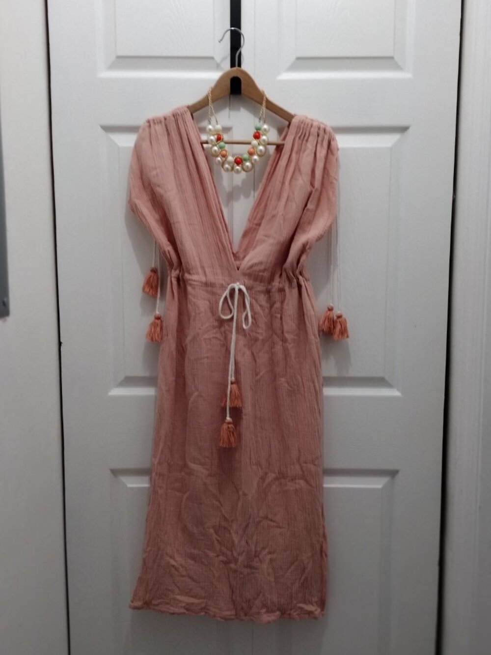 Boho Beach Cover Up Dress Peach Coral Tassel Gauze Sleeveless Resort Maxi XL 1X - Picture 2 of 7